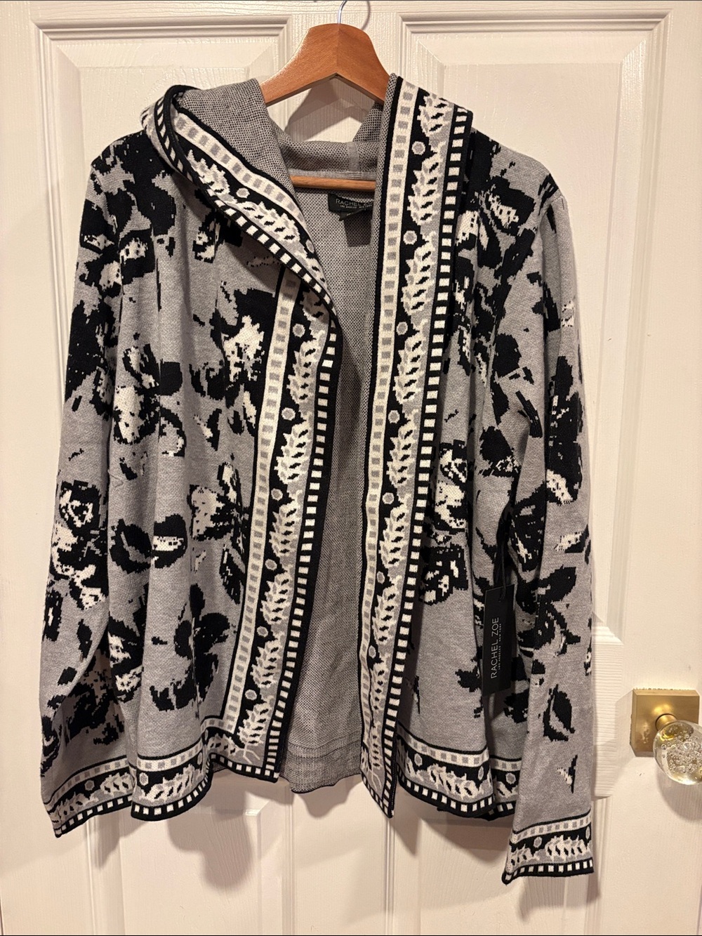 BNWT Rachel Zoe Gray Black Floral Open Front Cardigan Sweater Jacket